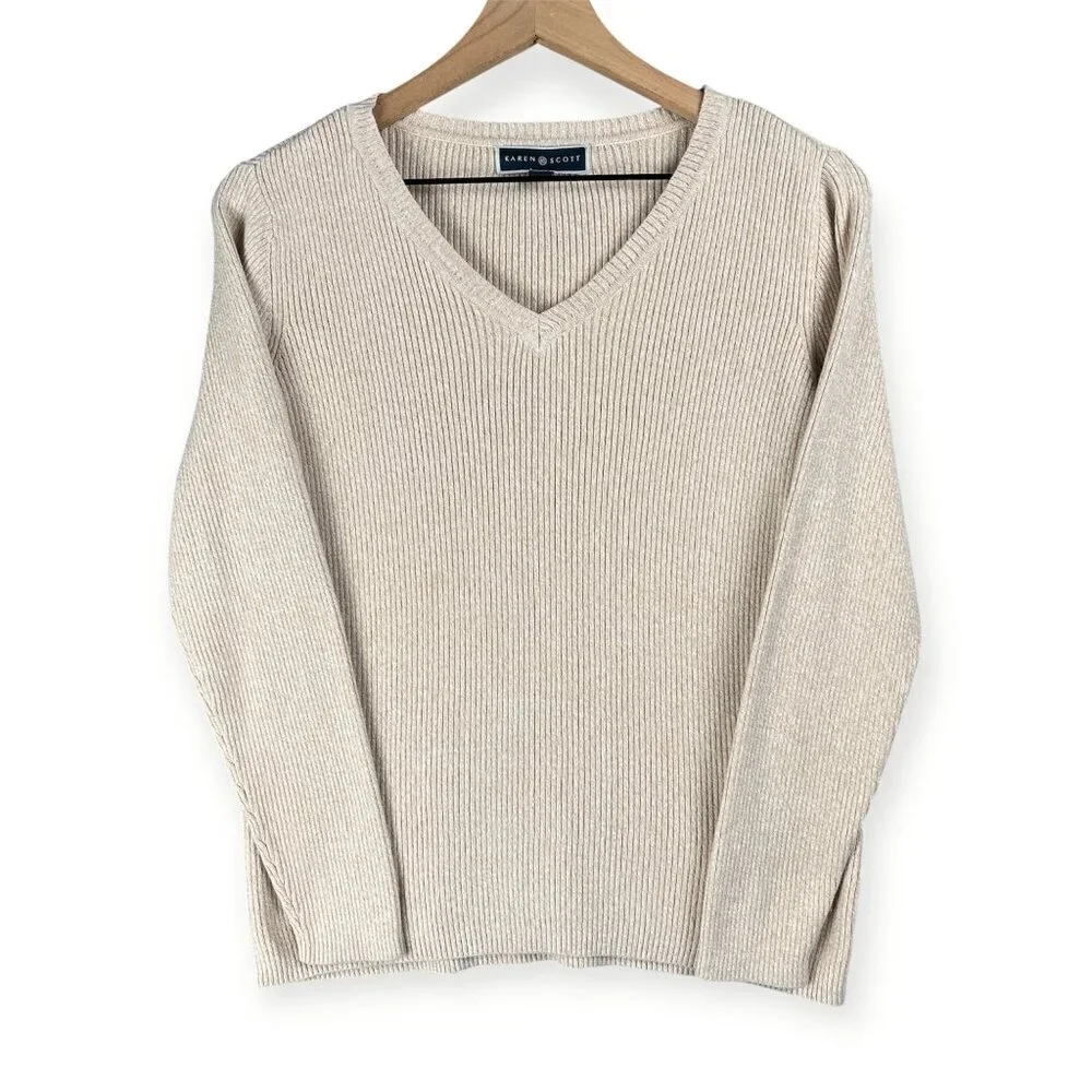 Karen Scott Pullover Sweater Women’s Small Cream Ribbed Marled V Neck Preppy Y2K